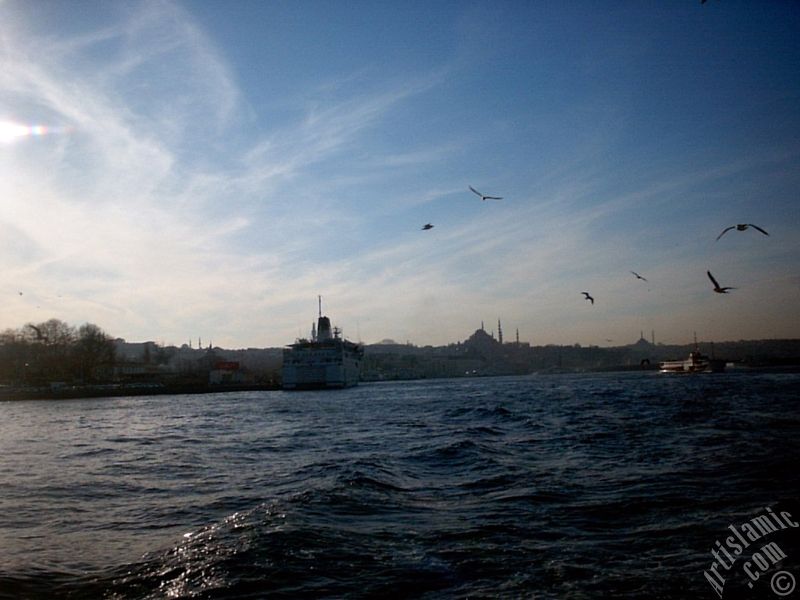 View of Eminonu coast, Suleymaniye Mosque and Fatih Mosque from the Bosphorus in Istanbul city of Turkey.
