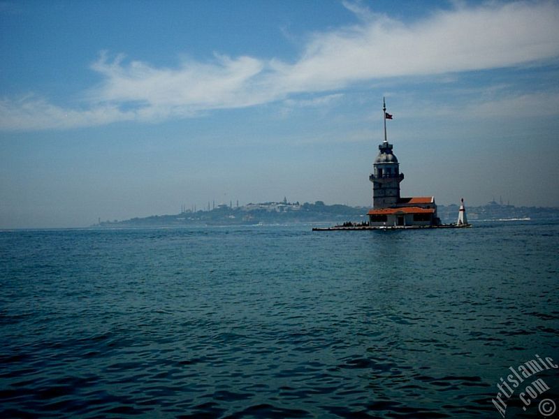 View of Kiz Kulesi (Maiden`s Tower) located in the Bosphorus from the shore of Uskudar in Istanbul city of Turkey.
