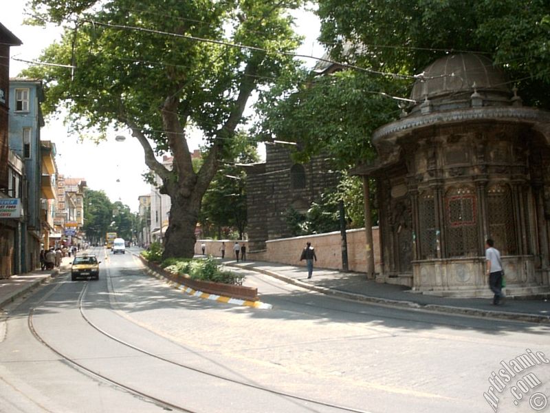 View towards Sultan Ahmet district from the entrance of Gulhane Park in Istanbul city of Turkey.
