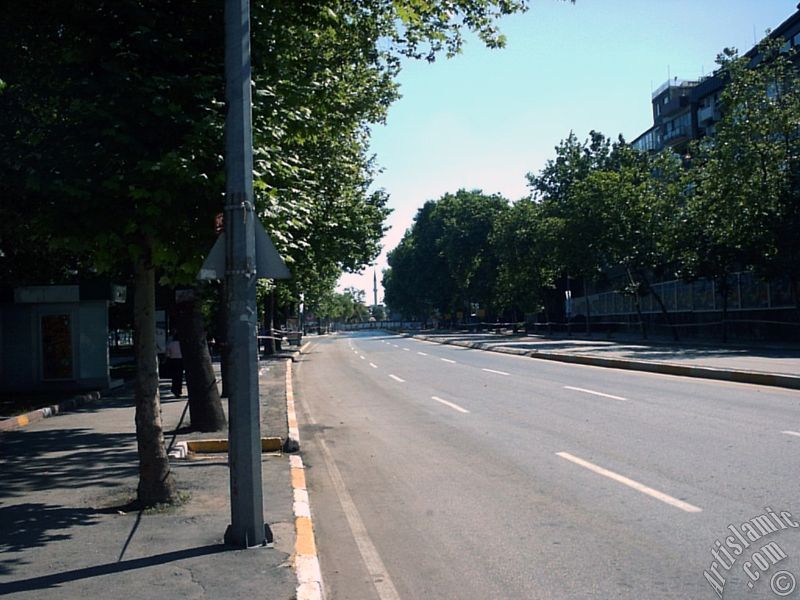 View towards Karakoy district and Nusretiye Mosque`s minaret from Kabatas district in Istanbul city of Turkey.
