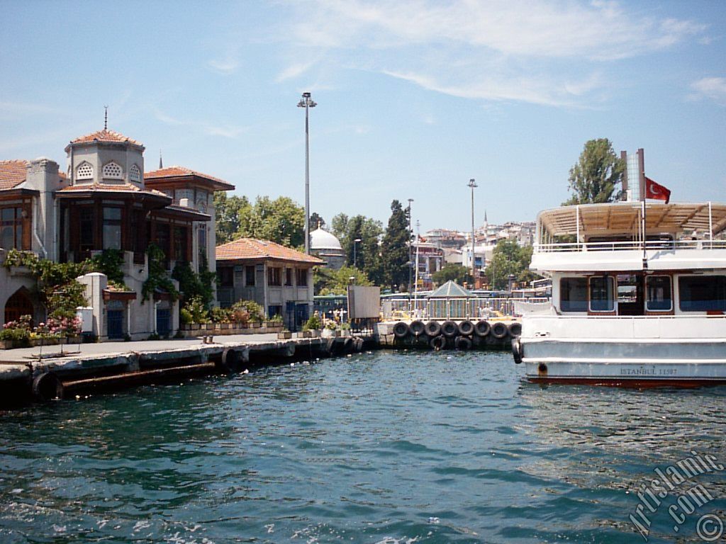 View of Besiktas jetty and Sinan Pasha Mosque its behind from the Bosphorus in Istanbul city of Turkey.
