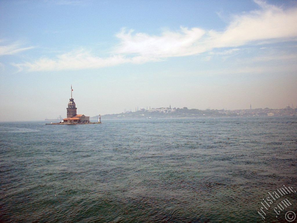 View of Kiz Kulesi (Maiden`s Tower) located in the Bosphorus from the shore of Uskudar in Istanbul city of Turkey.
